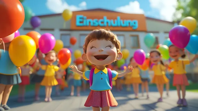 Fröhliche Einschulung mit bunten Luftballons