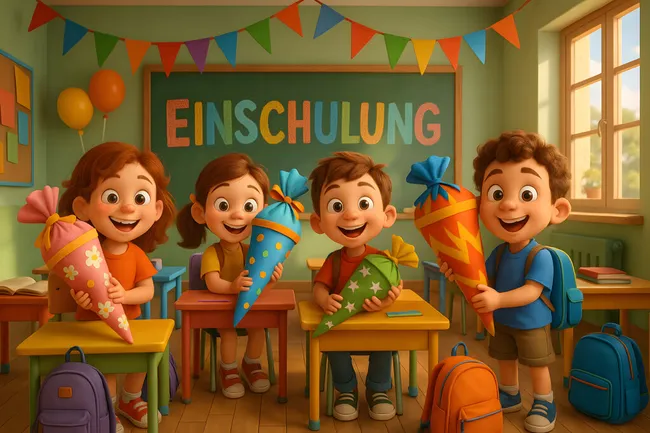 Fröhliche Einschulung mit bunten Schultüten in Klassenzimmer