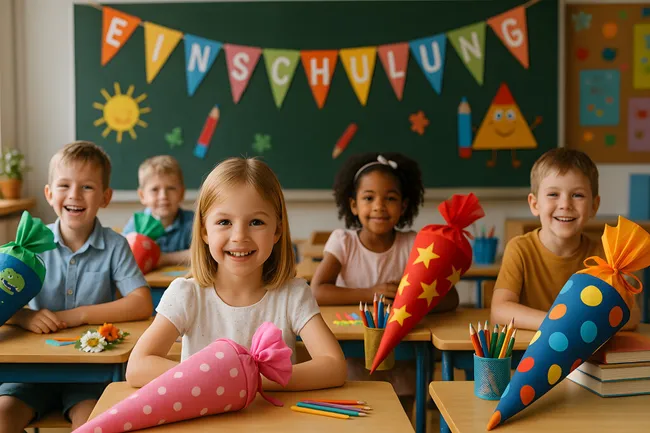 Fröhliche Einschulung mit Schultüten und Klassenzimmer-Deko