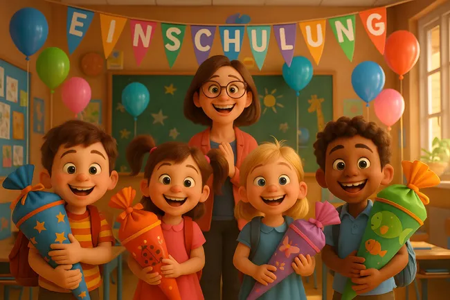 Fröhliche Einschulungsfeier mit Lehrerin und Schülern