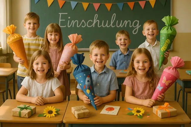 Fröhliche Erstklässler feiern ihre Einschulung