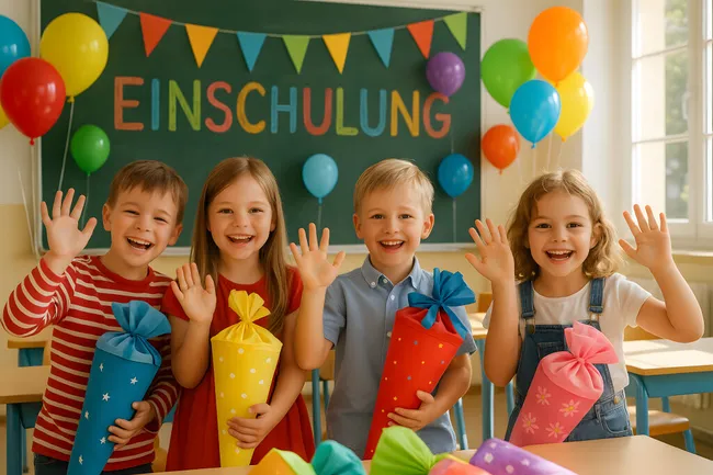 Fröhliche Erstklässler mit bunten Schultüten