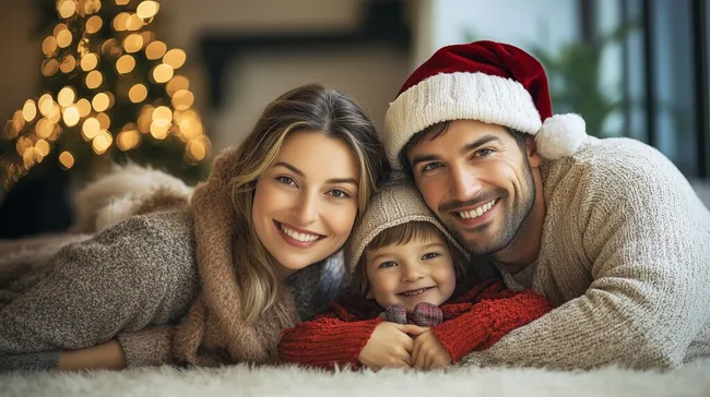 Fröhliche Familie beim Weihnachtsfeier mit Christbaum