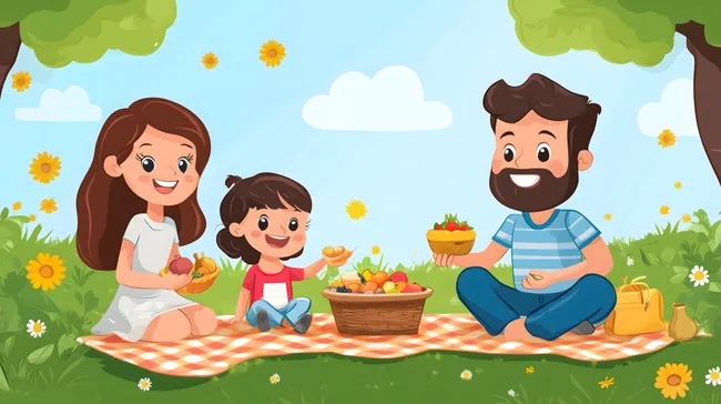 Fröhliche Familie genießt Picknick auf sonniger Wiese