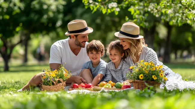 Fröhliche Familie genießt Picknick auf Wiese im Park