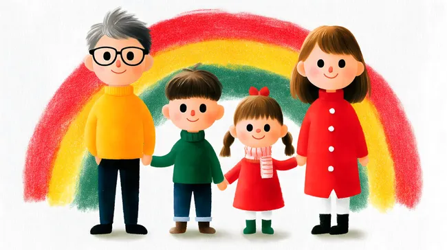 Fröhliche Familie in bunter Kinderzeichnung-Illustration