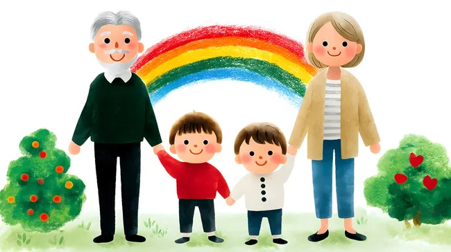 Fröhliche Familie mit Kindern und Regenbogen