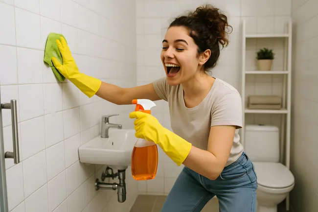Fröhliche Frau beim Badeputz mit Reinigungsmitteln