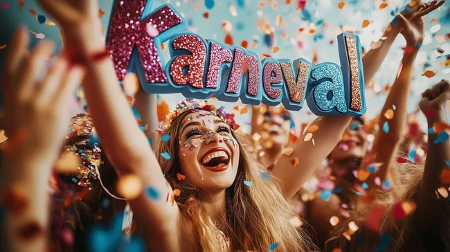 Fröhliche Frau feiert ausgelassen Karneval mit Konfetti