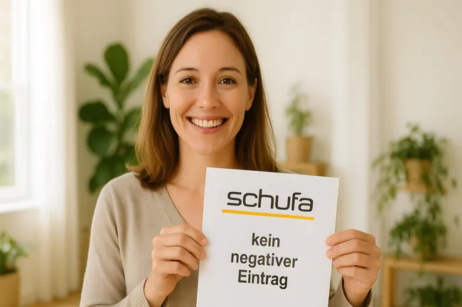 Fröhliche Frau hält Schufa-Dokument ohne negativen Eintrag