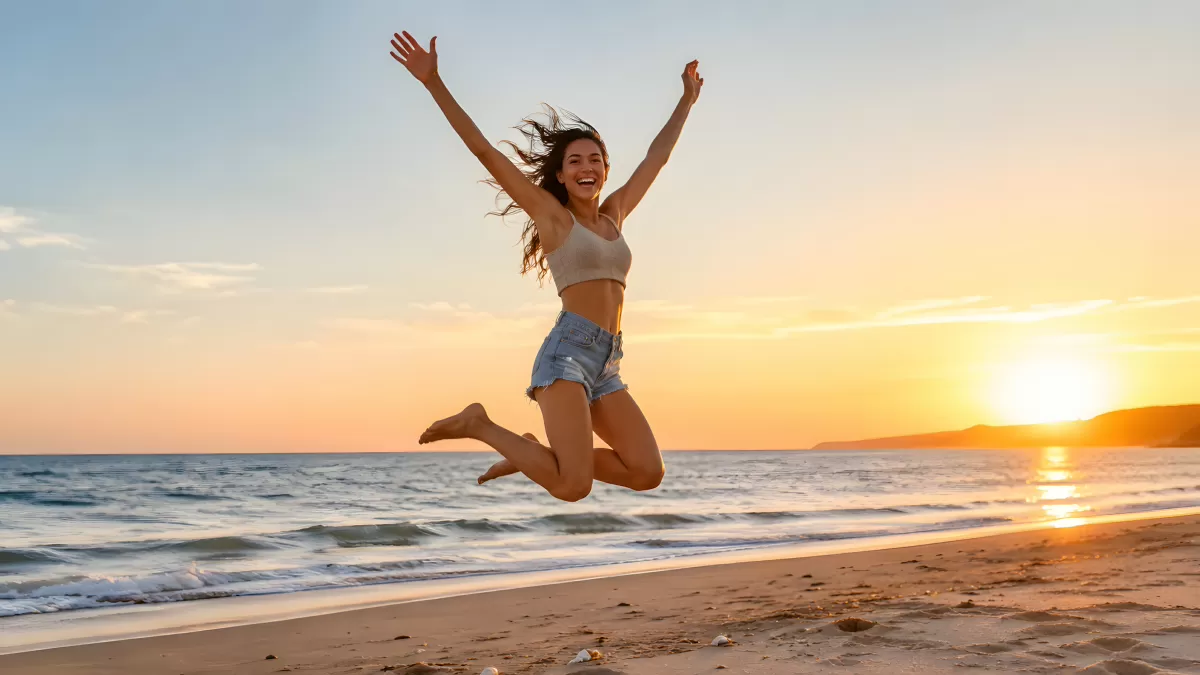 Fröhliche Frau hüpft bei Sonnenuntergang am Meer