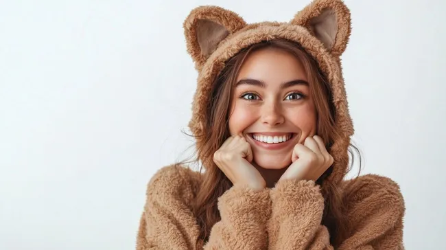 Fröhliche Frau im Katzenkostüm mit Ohren und Kapuze