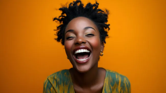 Fröhliche Frau lacht vor leuchtend orangem Hintergrund