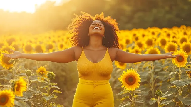 Fröhliche Frau mit Afro-Locken im Sonnenblumenfeld