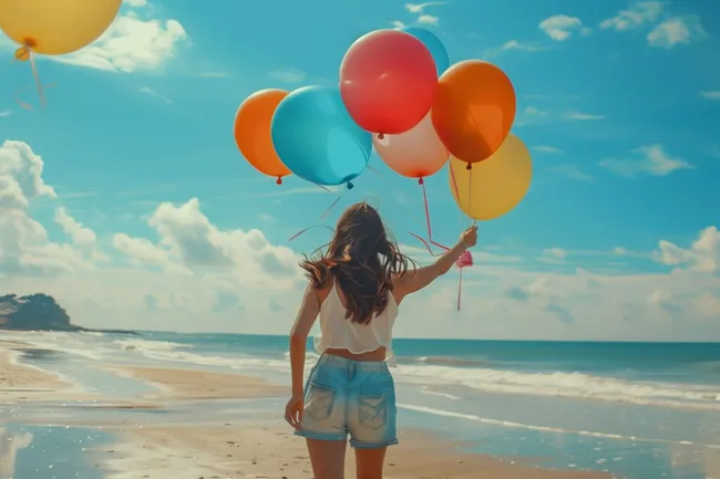 Fröhliche Frau mit bunten Luftballons am Strand