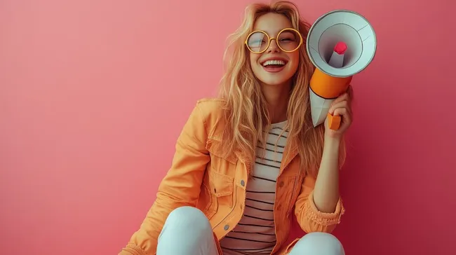 Fröhliche Frau mit gelbem Megafon vor pinkem Hintergrund