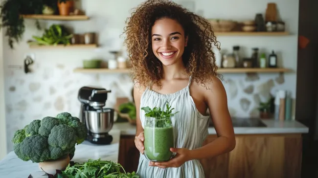 Fröhliche Frau mit grünem Smoothie in moderner Küche