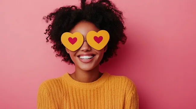 Fröhliche Frau mit Herz-Emoticons vor rosa Hintergrund