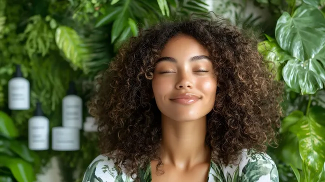 Fröhliche Frau mit lockigem Haar genießt die Natur