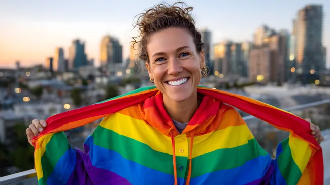 Fröhliche Frau mit Regenbogenfahne in moderner Stadt