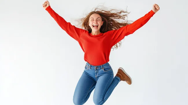 Fröhliche Frau mit wehenden Haaren jubelt bei Fotoshooting