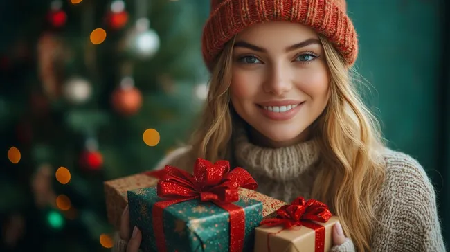 Fröhliche Frau mit Weihnachtsmütze hält Geschenke