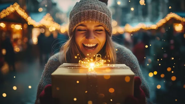 Fröhliche Frau öffnet leuchtendes Weihnachtsgeschenk