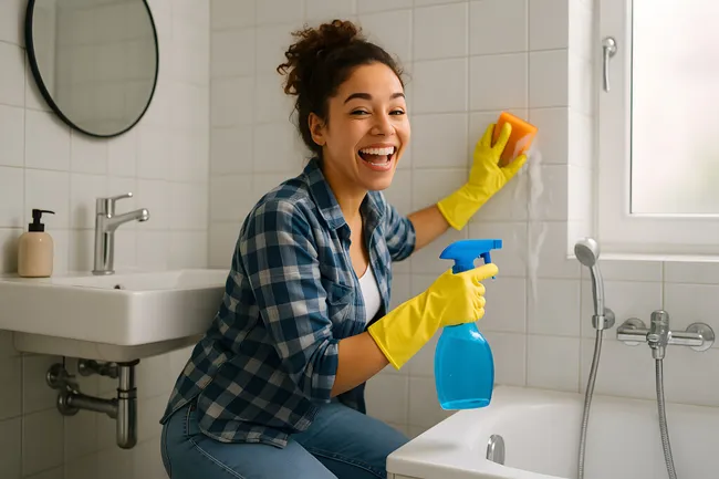 Fröhliche Frau reinigt Bad mit Reinigungsmittel