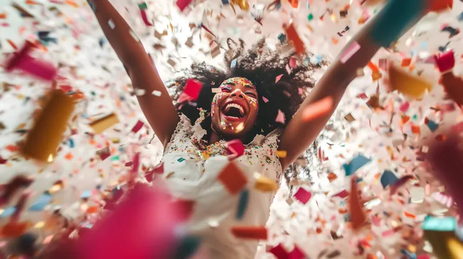 Fröhliche Frau wirft bunte Konfetti in die Luft