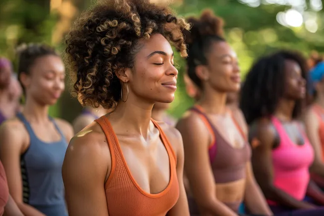 Fröhliche Frauen bei Outdoor-Yoga-Übungen