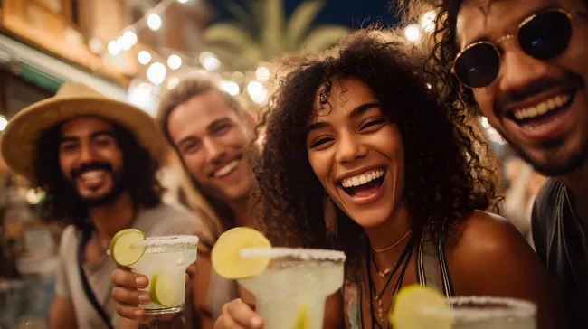 Fröhliche Freunde genießen Cocktails auf nächtlicher Stadtfeier