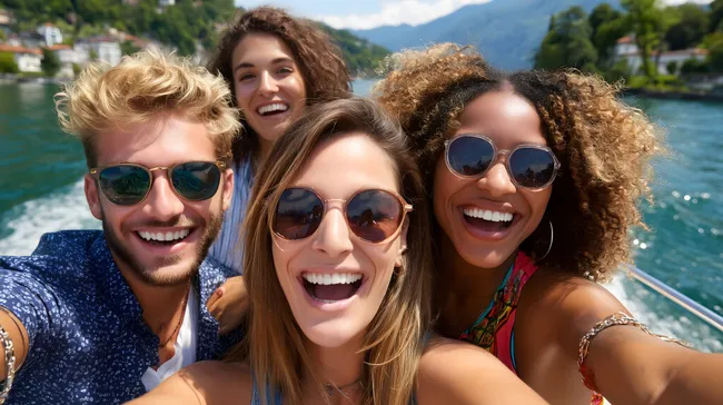Fröhliche Freunde lachen beim Selfie auf dem Boot am See