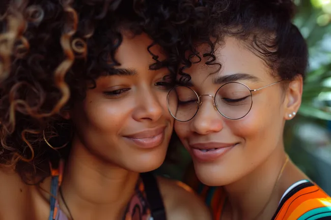 Fröhliche Freundinnen mit Lächeln und Umarmung