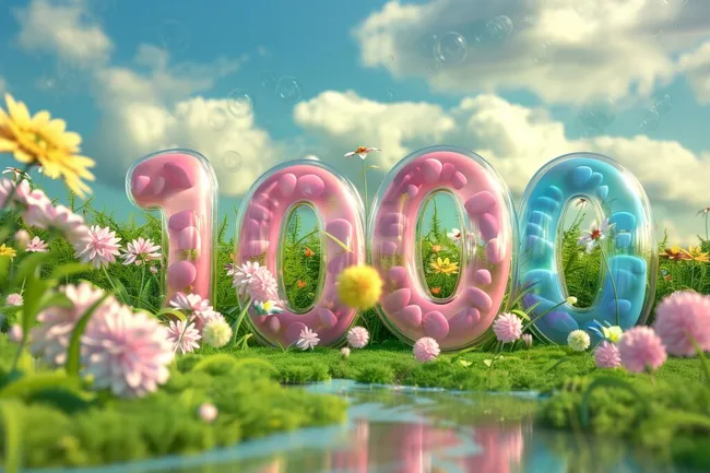 Fröhliche Frühlingswiese mit blauen und rosa Zahlen