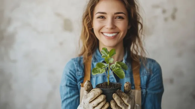 Fröhliche Gärtnerin mit Kräuterpflanze in der Hand