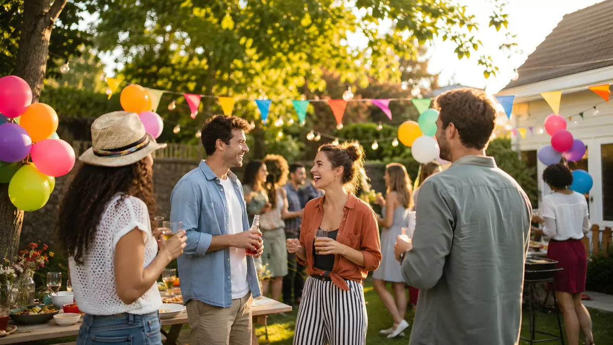Fröhliche Gartenparty mit Freunden im Sommer