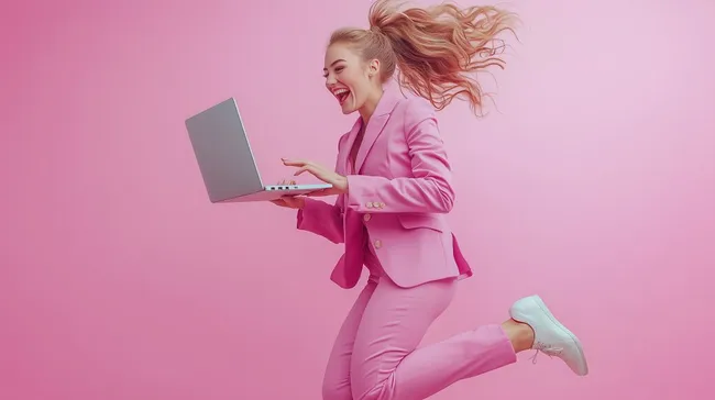Fröhliche Geschäftsfrau springt mit Laptop vor rosa Hintergrund