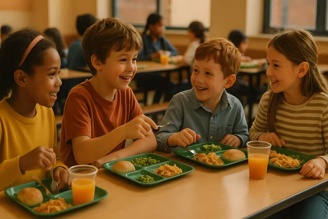 Fröhliche Grundschüler beim gemeinsamen Mittagessen in der Schulkantine