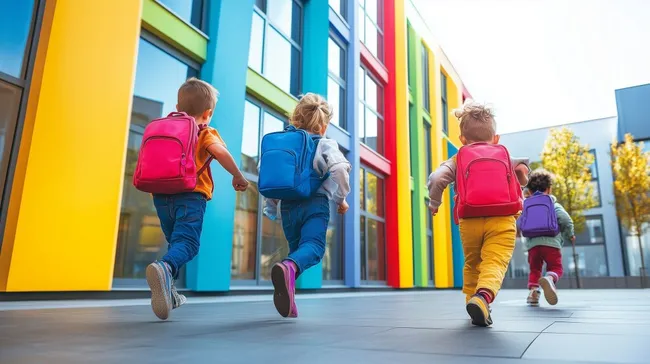 Fröhliche Grundschulkinder mit bunten Rucksäcken vor moderner Schule