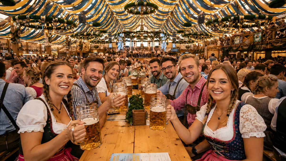 Fröhliche Gruppe beim Oktoberfest im Bierzelt München