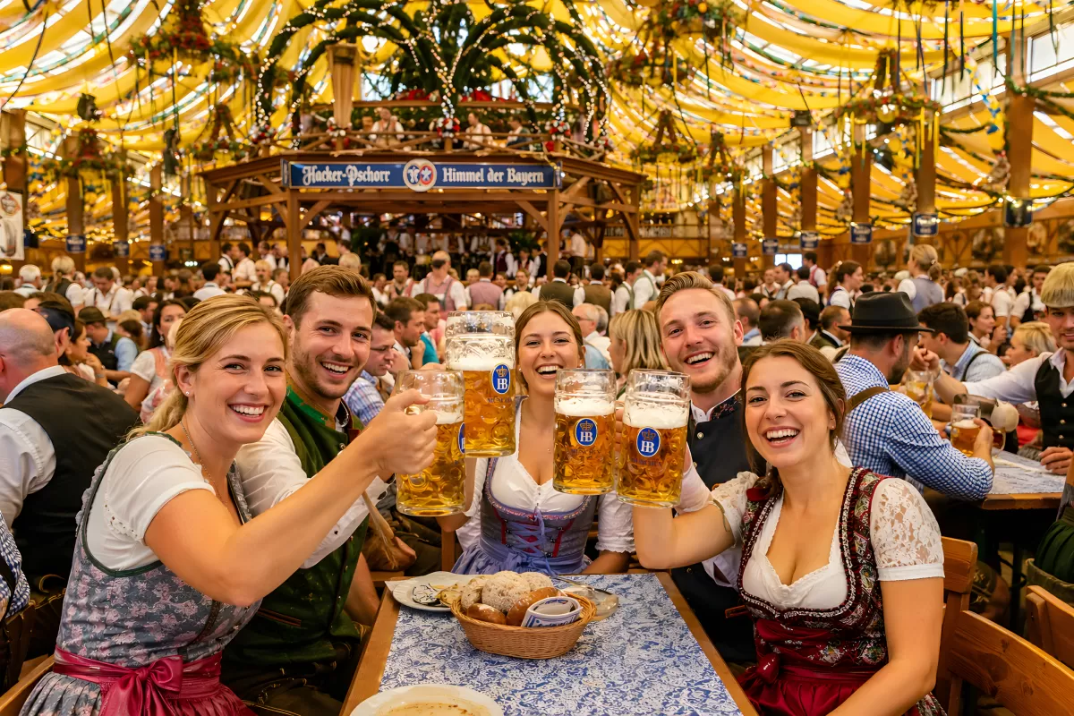 Fröhliche Gruppe prostet sich beim Oktoberfest an