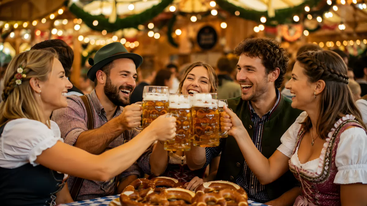 Fröhliche Gruppe stößt mit Masskrügen beim Oktoberfest an