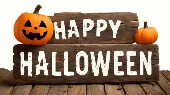 Fröhliche Halloween-Szene mit Kürbissen und Holzschildern