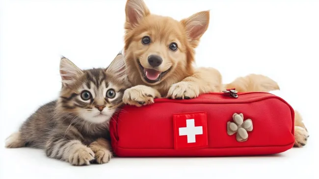 Fröhliche Haustiere mit Erste-Hilfe-Set