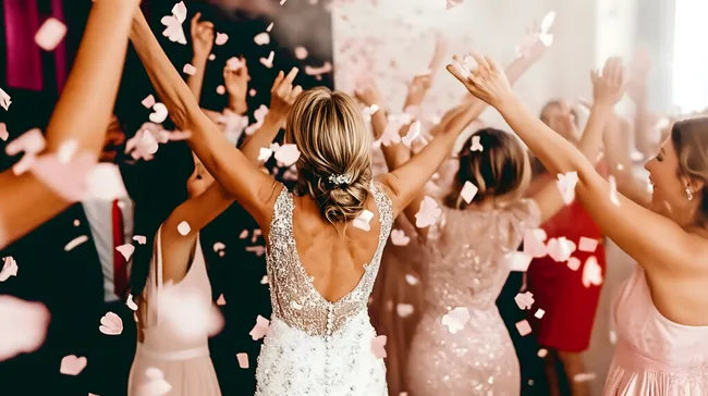 Fröhliche Hochzeitsfeier mit buntem Konfettiregen