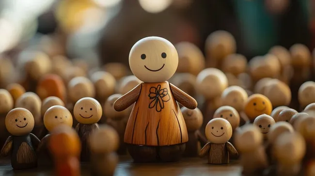 Fröhliche Holzfiguren in Gruppendarstellung