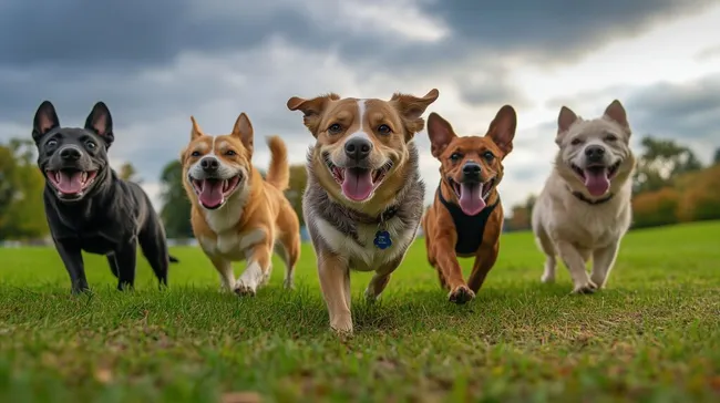 Fröhliche Hunde springen im sonnigen Gras