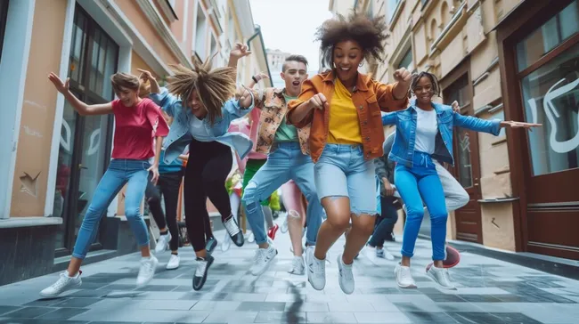 Fröhliche Jugendliche beim Tanzen in bunter Straße