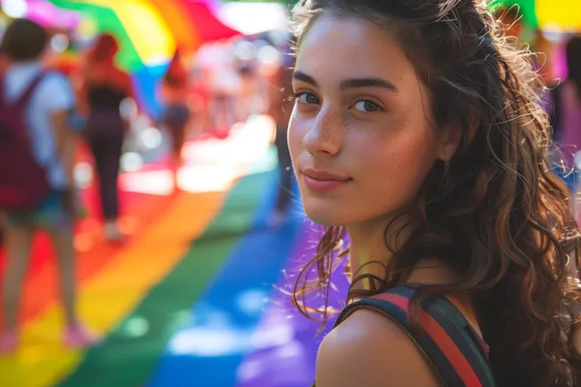 Fröhliche junge Frau auf buntem Hintergrund