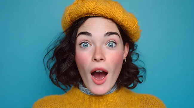 Fröhliche junge Frau in gelber Strickmütze